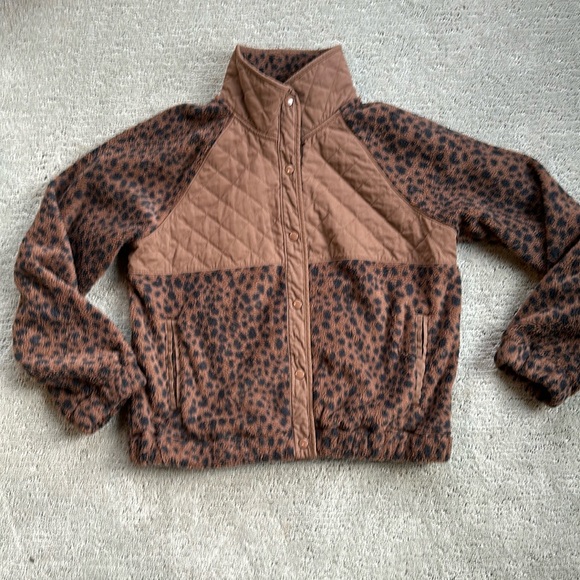 A&F Leopard Mixed Media Fleece Bomber Jacket Size L - Picture 1 of 8